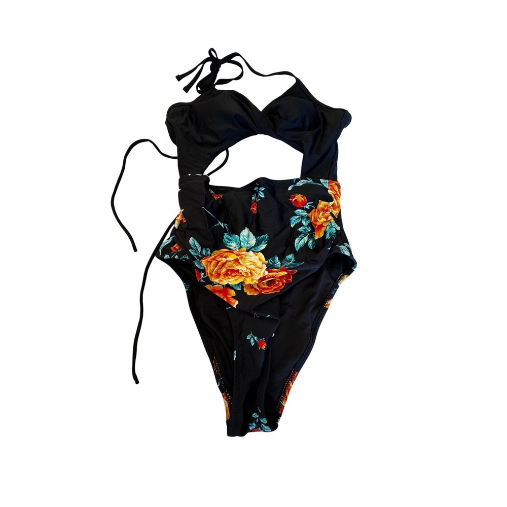 CUPSHE Women Black Floral Print One Piece Swimsuit Halter Cutout Size S - Picture 5 of 8